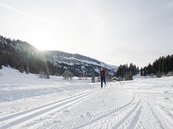 Person cross-country skiing on a snowy trail with mountains in the background