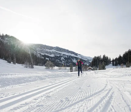 Oberstdorf © Frithjof Kjer Person beim Skilanglauf auf verschneiter Loipe vor Bergkulisse bei Sonnenschein