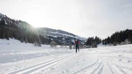 Person cross-country skiing on a snowy trail with mountains in the background