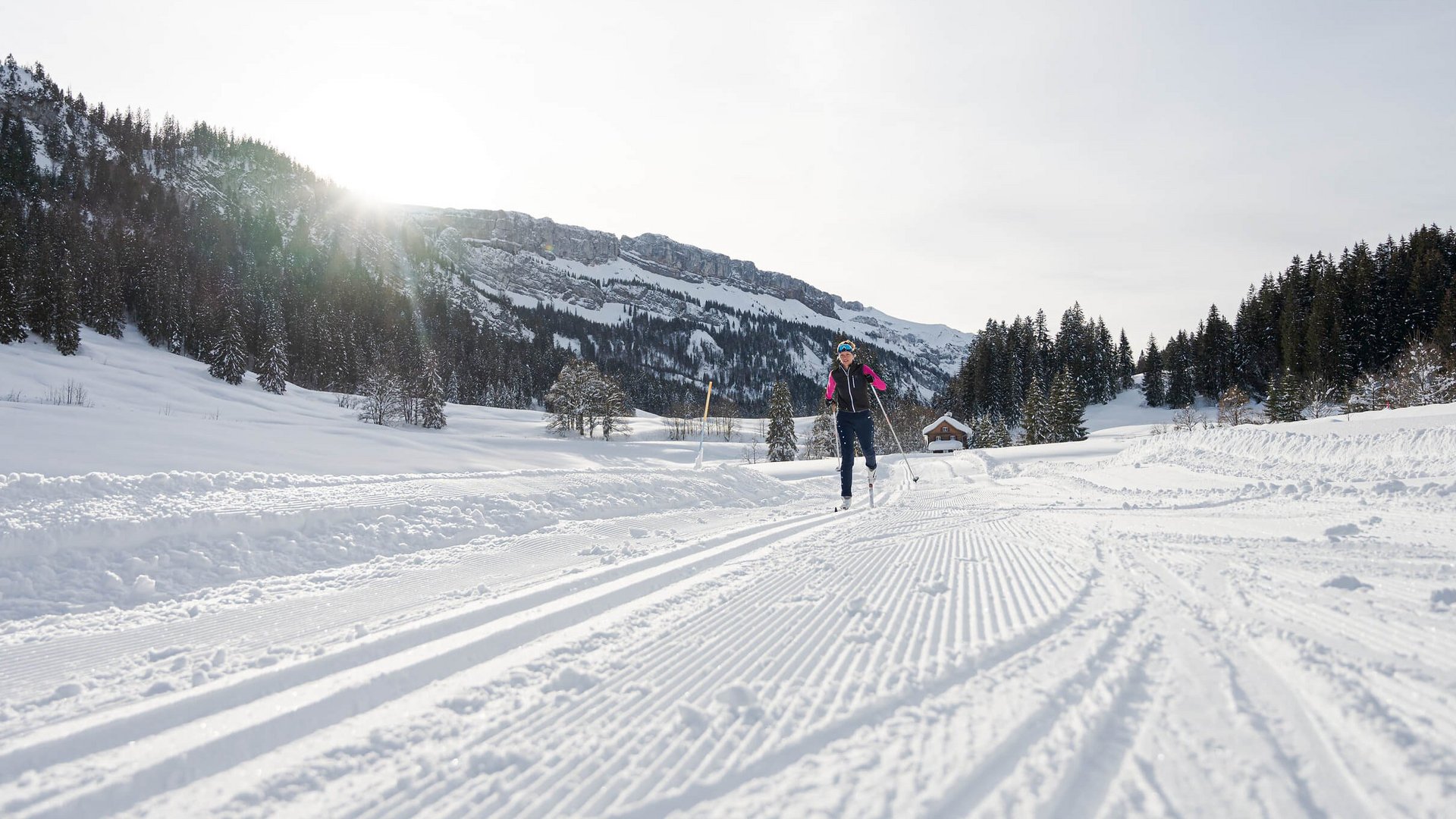 Person cross-country skiing on a snowy trail with mountains in the background
