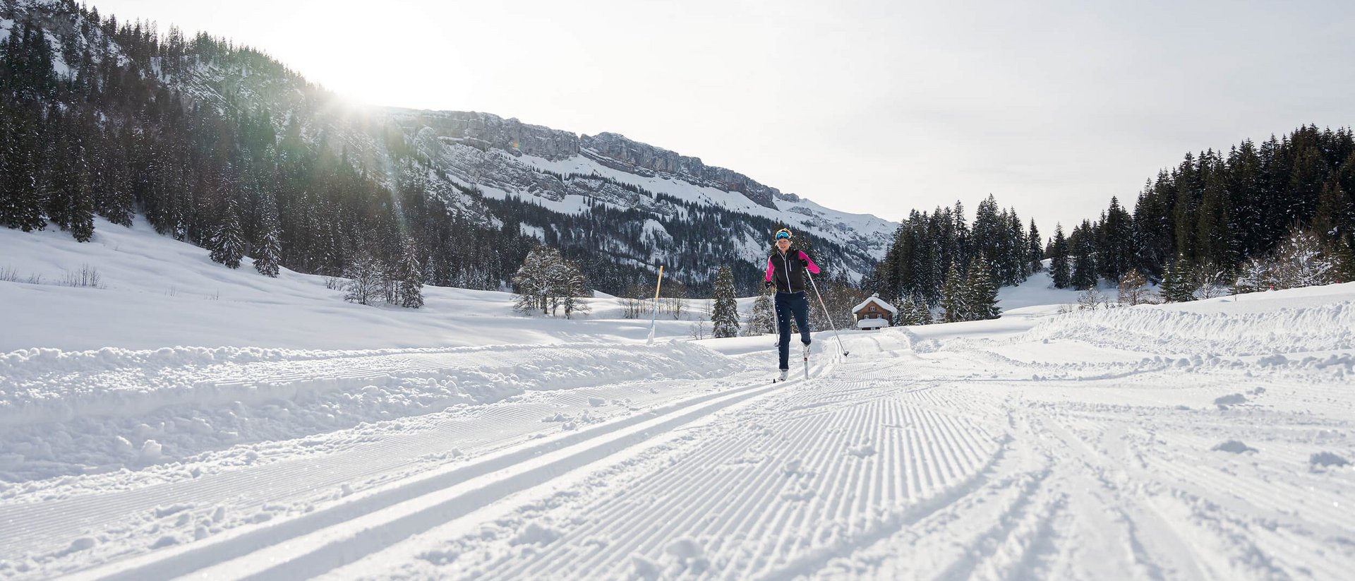 Person cross-country skiing on a snowy trail with mountains in the background