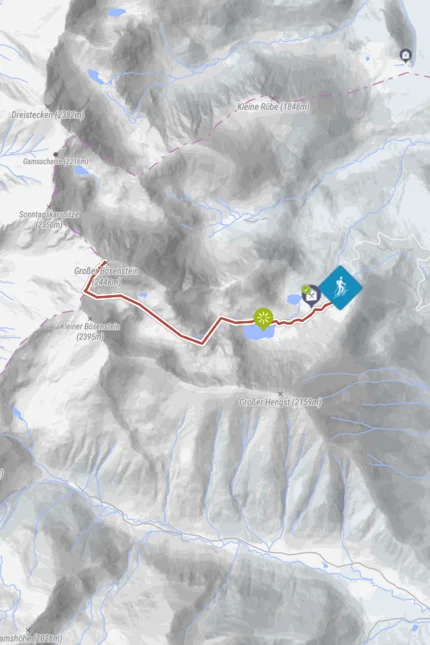 Karte mit Wanderroute und Berggipfeln in verschneiter Alpenregion