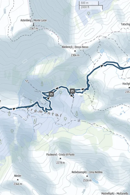 Wanderkarte mit Route von Parkplatz zu Berg Sulzspitz im Tramin-Tal