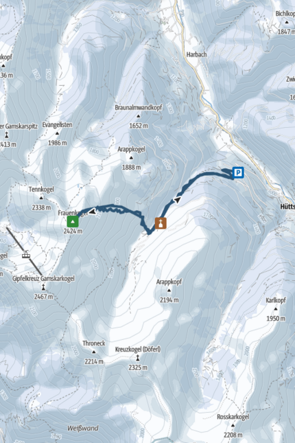 Wanderroute von Parkplatz zu Frauenkogel Gipfel im Berggebiet