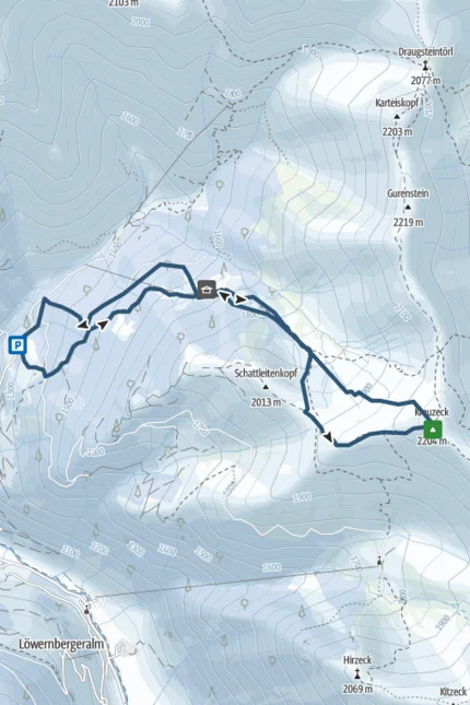 Wanderkarte mit Route zum Guxeck Gipfel auf 2204 m Höhe in den Alpen