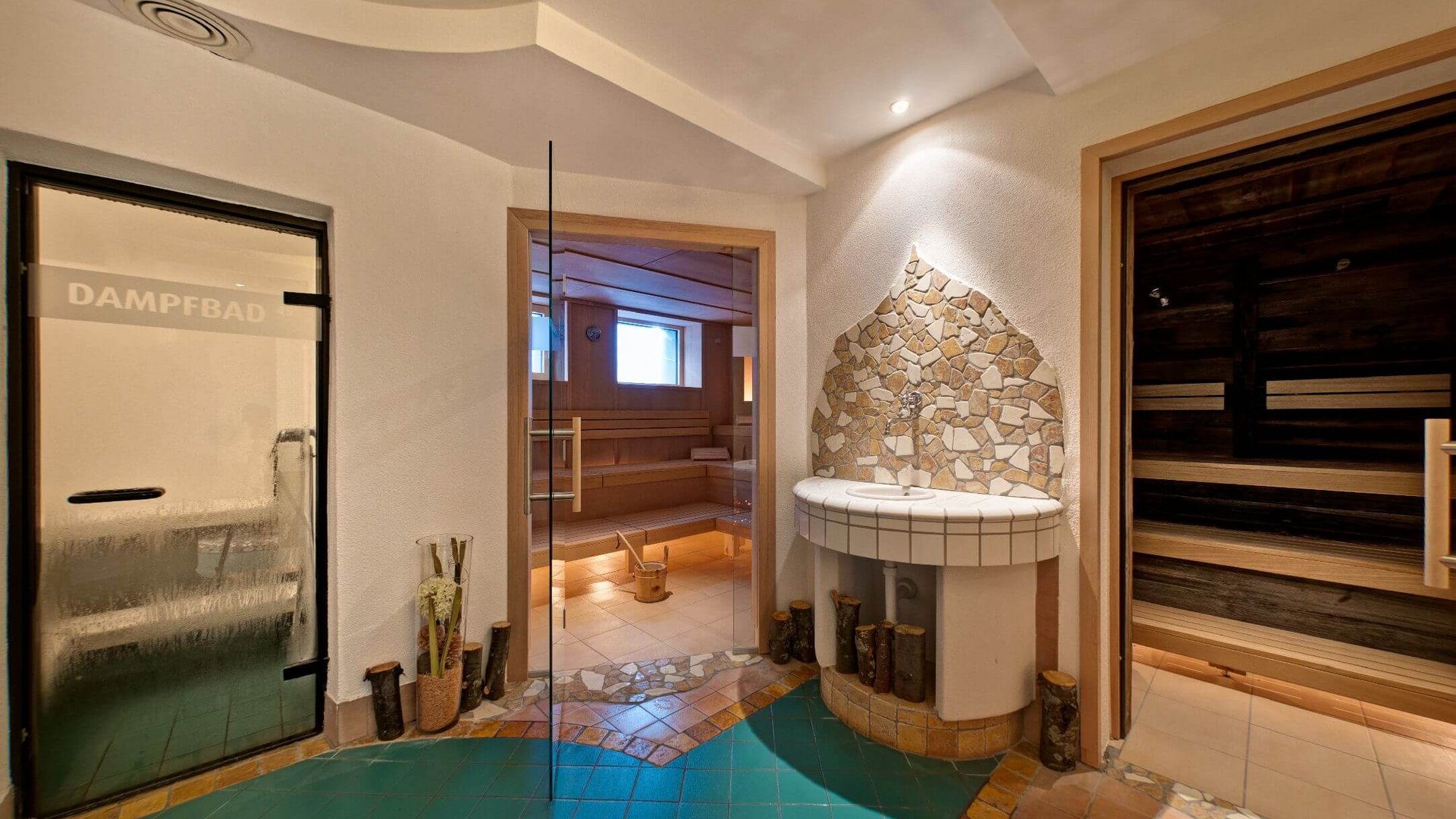 Entrance to steam room, steam bath, and wood sauna in spa area