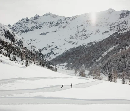 Zwei Skifahrer auf einer Spur in schneebedecktem Tal vor verschneiten Bergen