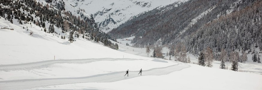 Zwei Skifahrer auf einer Spur in schneebedecktem Tal vor verschneiten Bergen