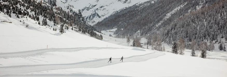 Zwei Skifahrer auf einer Spur in schneebedecktem Tal vor verschneiten Bergen
