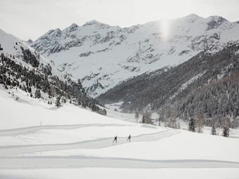 Two skiers on a trail in a snowy valley with snow-covered mountains
