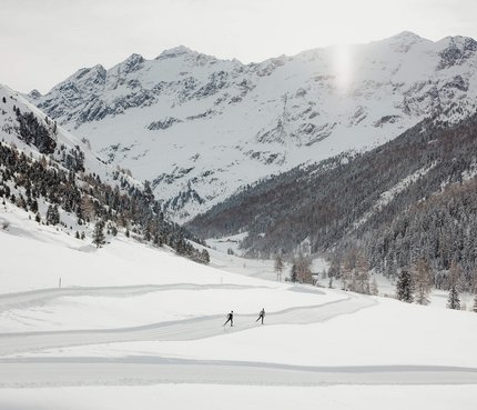 Zwei Skifahrer auf einer Spur in schneebedecktem Tal vor verschneiten Bergen