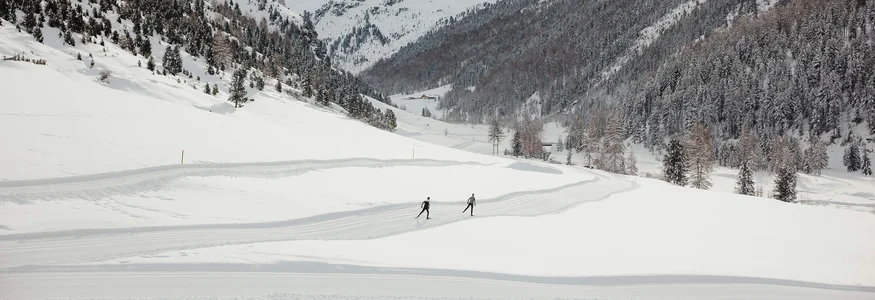 Zwei Skifahrer auf einer Spur in schneebedecktem Tal vor verschneiten Bergen