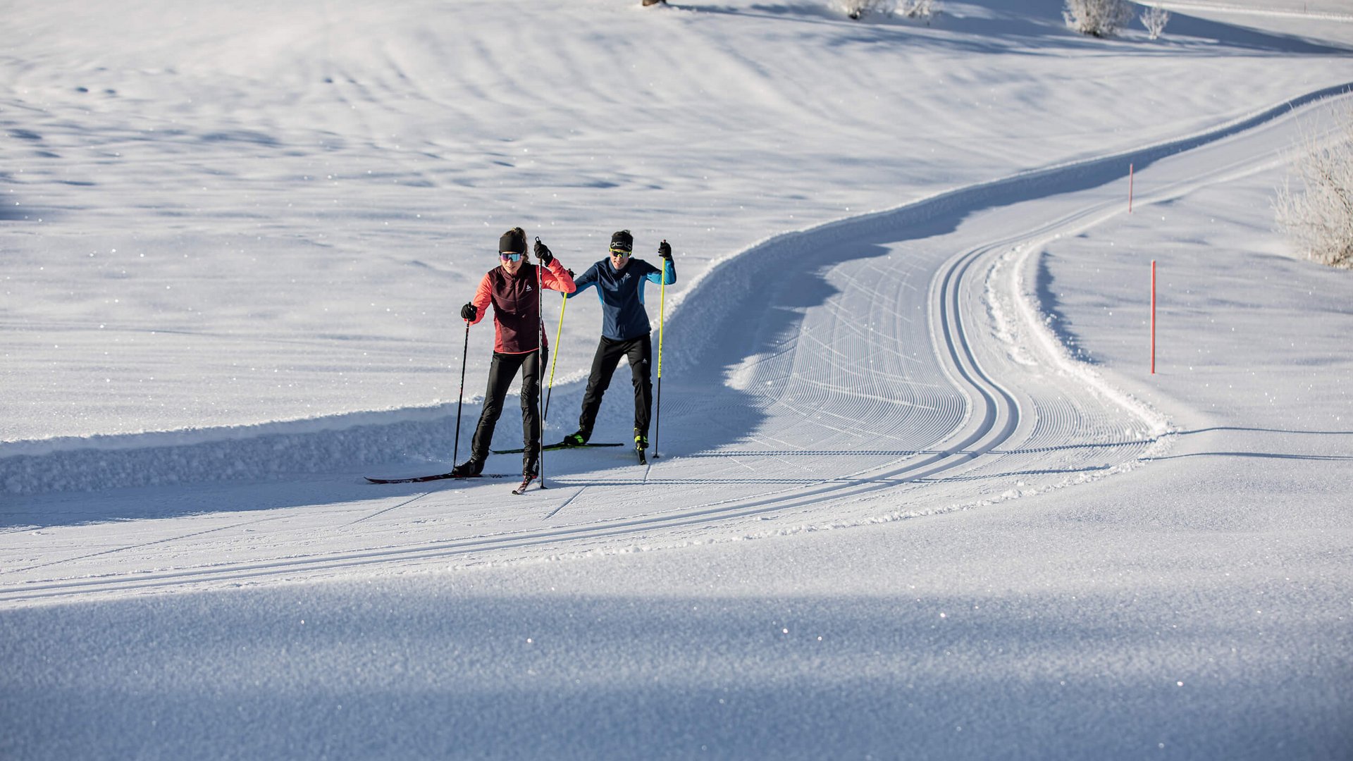 Zwei Langläufer auf einer präparierten Schneeloipe bei sonnigem Wetter