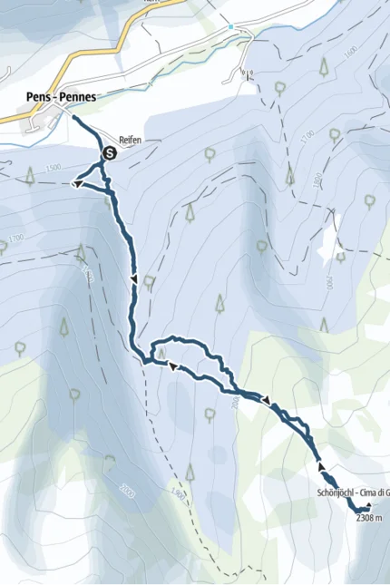 Wanderroute von Pens zum Schönjöchl-Gipfel auf einer topografischen Karte.