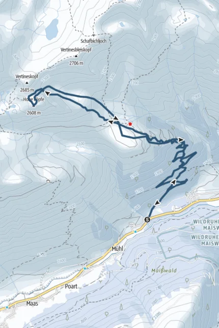 Wanderroute von Mühl zum Hohen Kopf über Berge im Pustertal