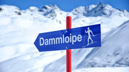 Blauer Wegweiser Dammliope für Langlauf vor schneebedeckten Bergen