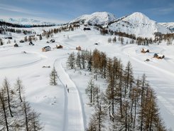 Snow-covered Alps with chalets and cross-country skiers under clear sky