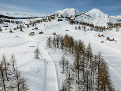 Snow-covered Alps with chalets and cross-country skiers under clear sky