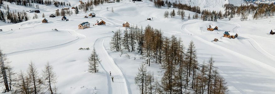 Snow-covered Alps with chalets and cross-country skiers under clear sky