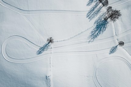 Luftaufnahme von verschneiten Feldern mit vereinzelten Bäumen und Spuren von Fahrzeugen