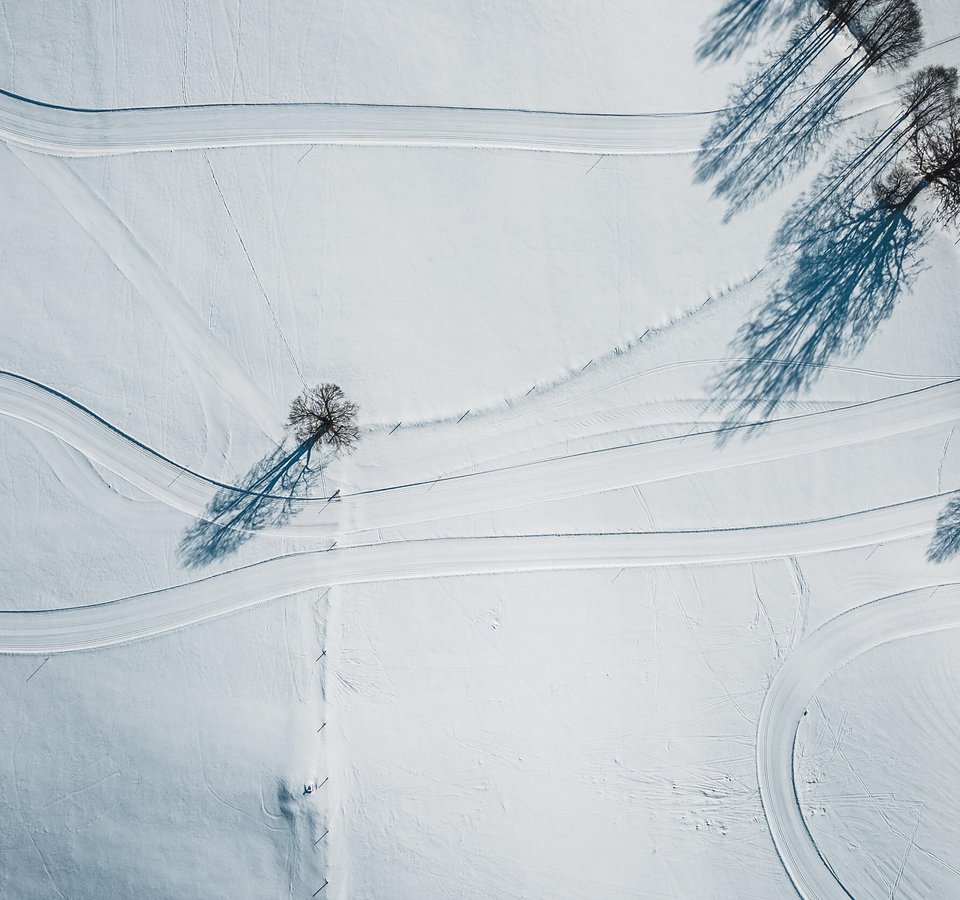 Der Nordic Park in Saalfelden-Leogang © Michael Geißler Luftaufnahme von verschneiten Feldern mit vereinzelten Bäumen und Spuren von Fahrzeugen
