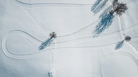 Aerial view of snowy fields with scattered trees and vehicle tracks