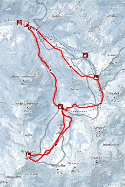 Wanderkarte mit markiertem Rundwanderweg und Höhenangaben in den Alpen