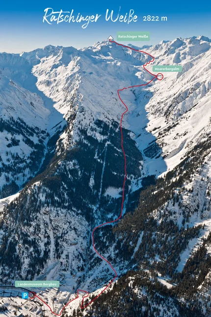 Aerial view of snowy mountains with marked hiking trail to Ratschinger Weiße peak