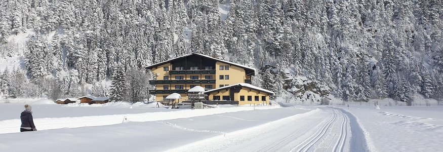 Schneebedecktes Haus am Fuß eines verschneiten Waldberges bei blauem Himmel