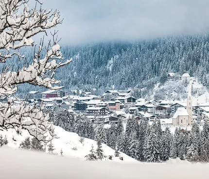 Snow-covered village with forest and cloudy sky in winter