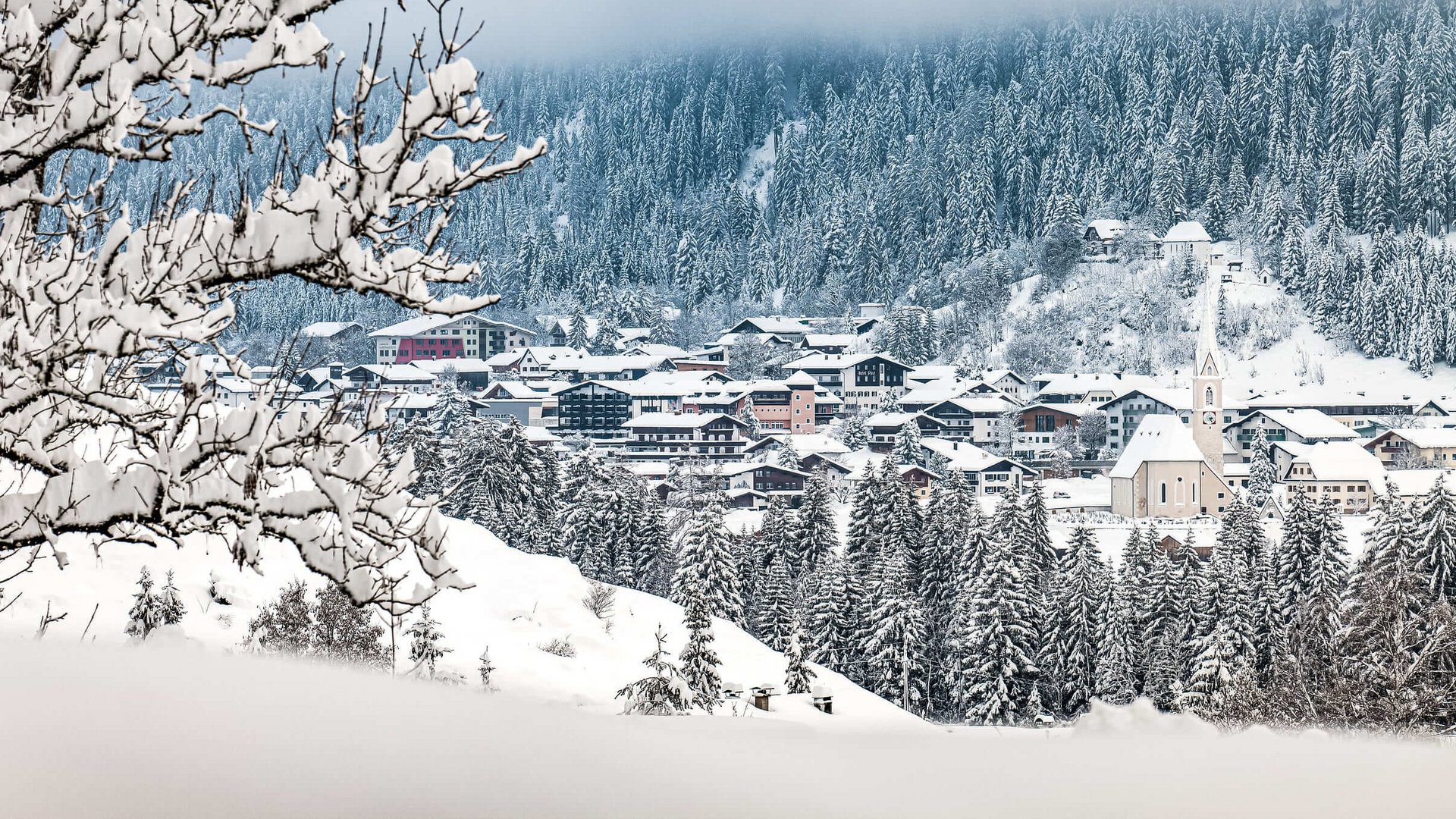 Schneebedecktes Dorf vor verschneitem Wald und bewölktem Himmel