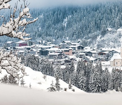 Schneebedecktes Dorf vor verschneitem Wald und bewölktem Himmel