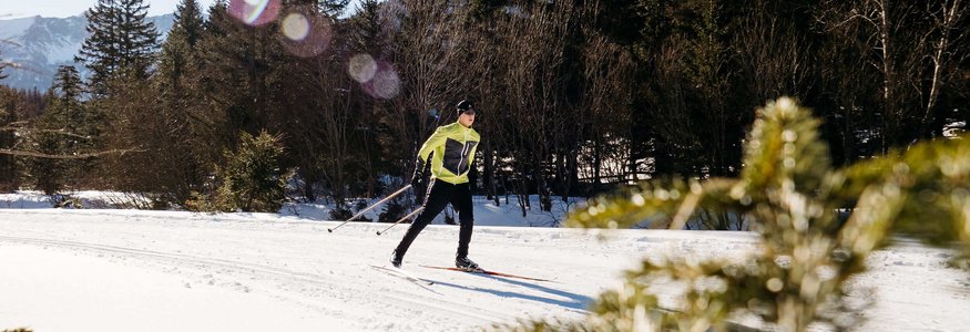 Person cross-country skiing on snowy landscape with trees in background