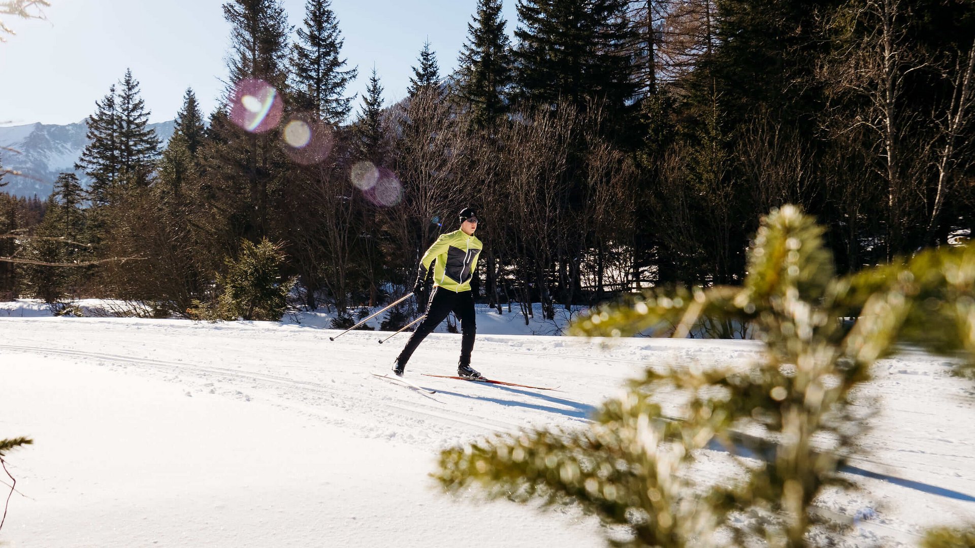 Person beim Langlaufen auf verschneiter Landschaft mit Bäumen im Hintergrund