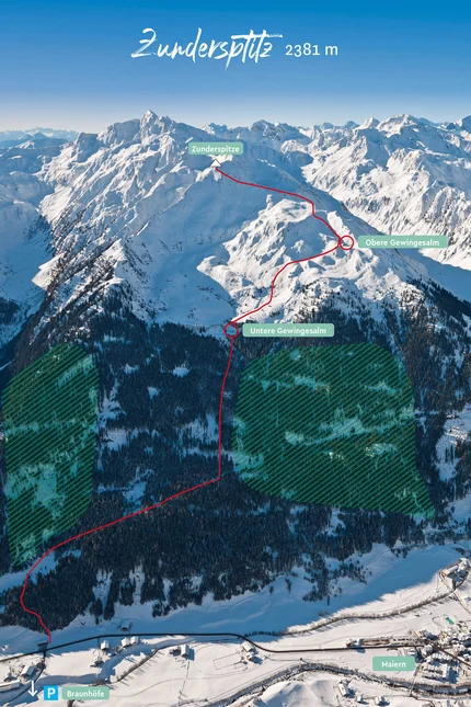 Aerial view of snowy Zunderspitze mountain with hiking trail and labels