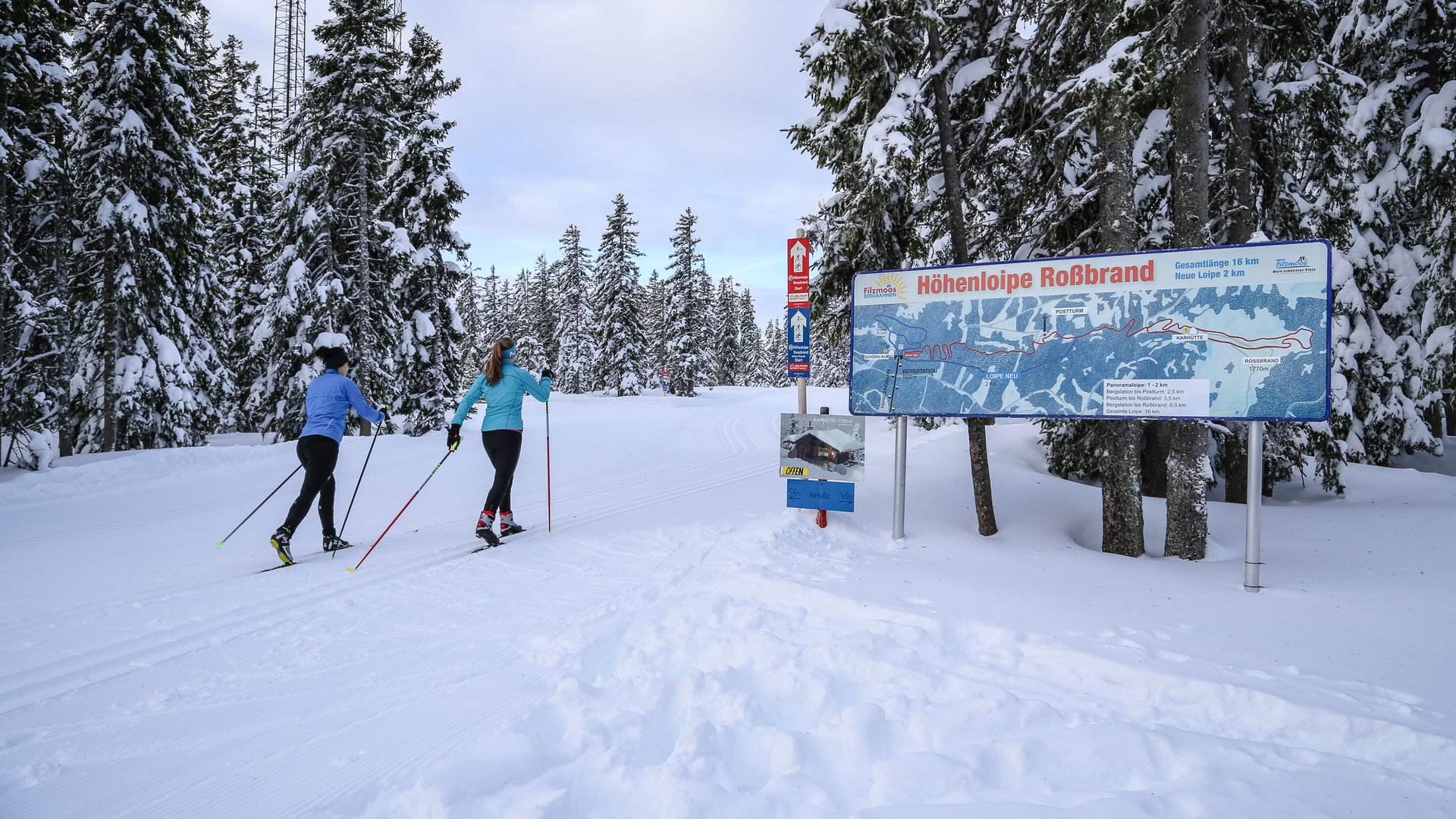 Two people cross-country skiing beside a trail map in a snowy forest
