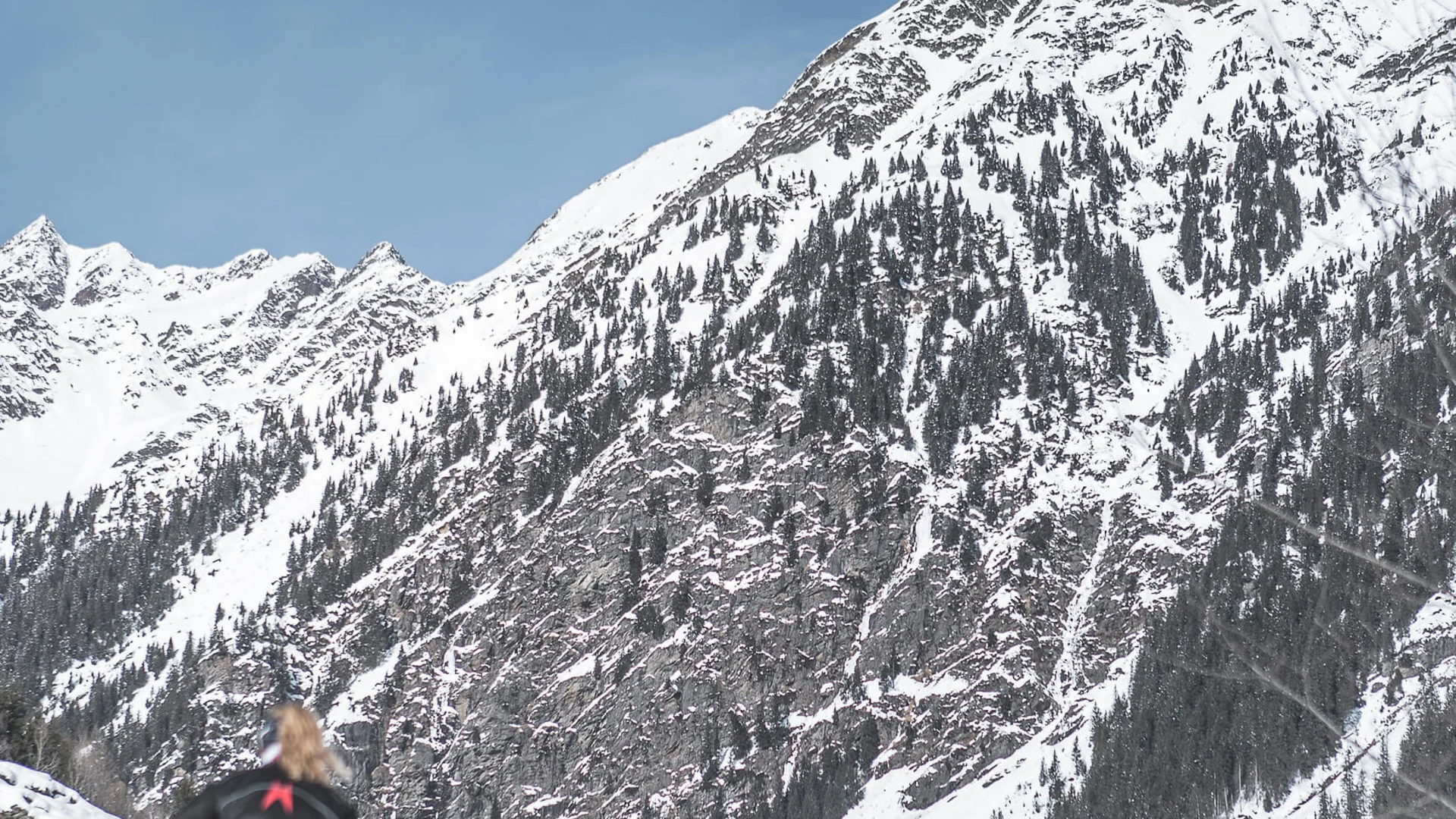 Langläufer auf verschneiter Loipe vor schneebedeckten Bergen