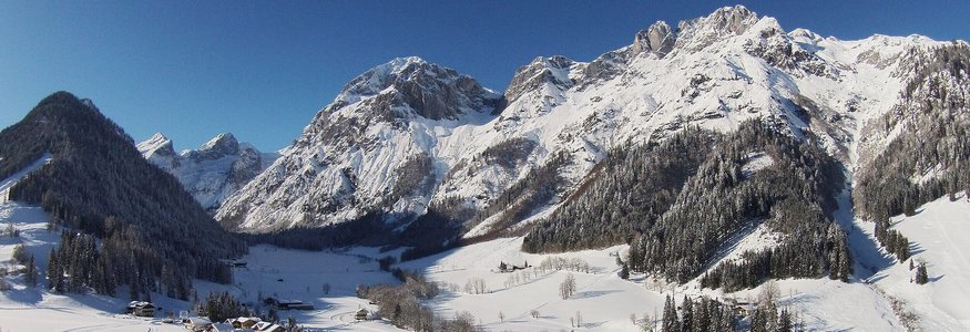 Tennengau © Berghotel Lämmerhof Schneebedeckte Alpenlandschaft mit Häusern und Nadelwäldern unter klarem Himmel