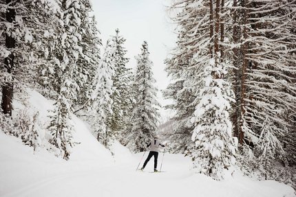 Langläufer in verschneitem Wald auf einer Winterstrecke