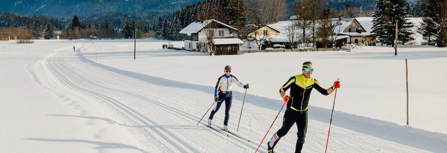 Zwei Langläufer in Winterlandschaft vor verschneiten Bergen und Häusern