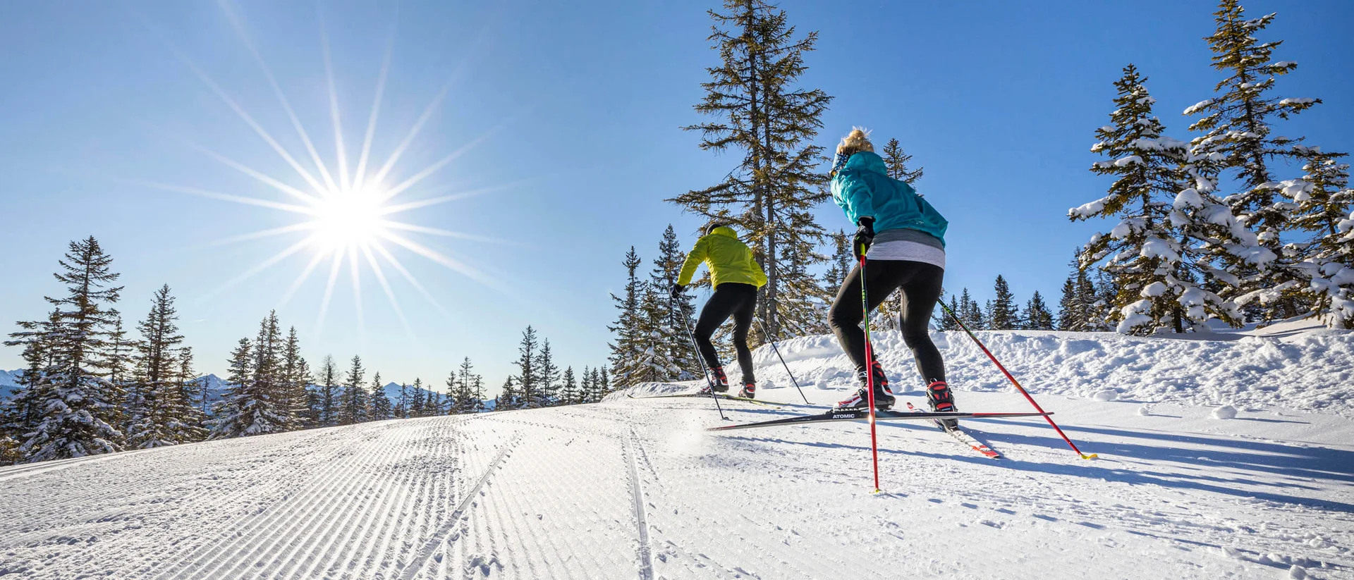 Zwei Skilangläufer im Sonnenschein auf schneebedeckter Strecke mit Bäumen