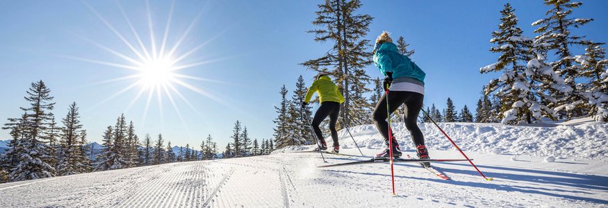 Zwei Skilangläufer im Sonnenschein auf schneebedeckter Strecke mit Bäumen