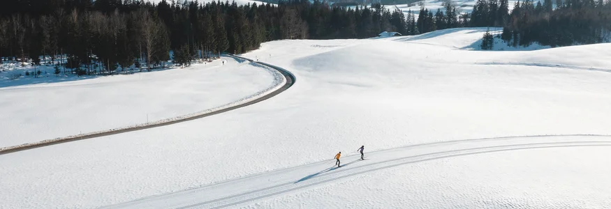 Zwei Langläufer auf schneebedecktem Feld mit Bergen und Wald im Hintergrund