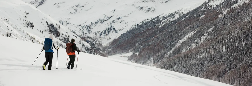 Hotel Waldheim *** © Alex Moling Zwei Menschen wandern mit Schneeschuhen in verschneiten Bergen