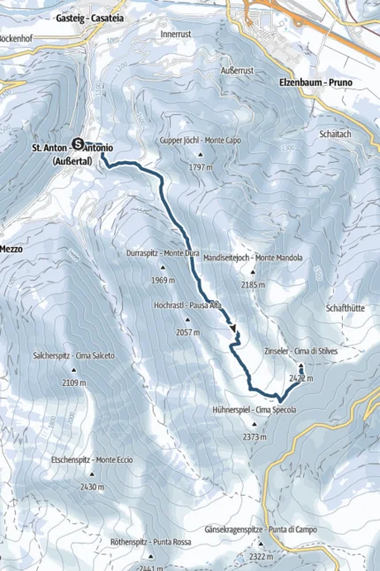 St. Anton - Zinseler (2.422 m) Topografische Karte mit Berggipfeln und Wanderwegen in Südtirol