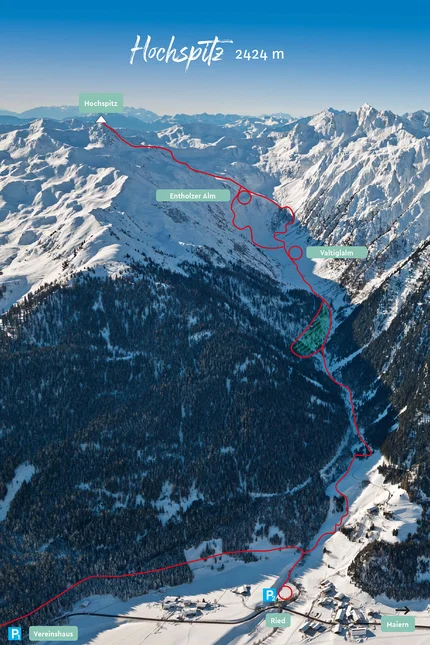 Hochspitz (2.424 m) © Ratschings Tourismus Luftaufnahme verschneiter Berg mit Wanderweg zum Hochspitz Gipfel 2424 m