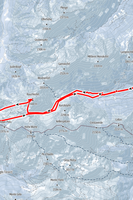 Hiking route on mountain map with contour lines and peaks in the Alps