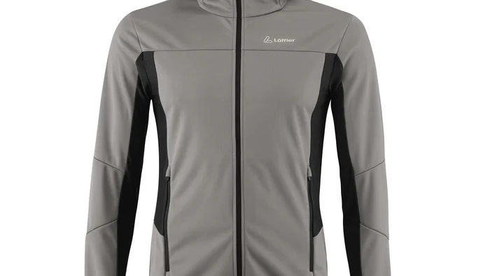 Graue und schwarze Softshell-Jacke mit Kapuze und Reißverschluss