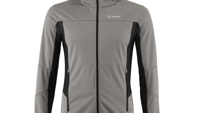Graue und schwarze Softshell-Jacke mit Kapuze und Reißverschluss