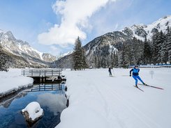 Langläufer unterwegs auf verschneiter Winterlandschaft mit Bergen und Wald